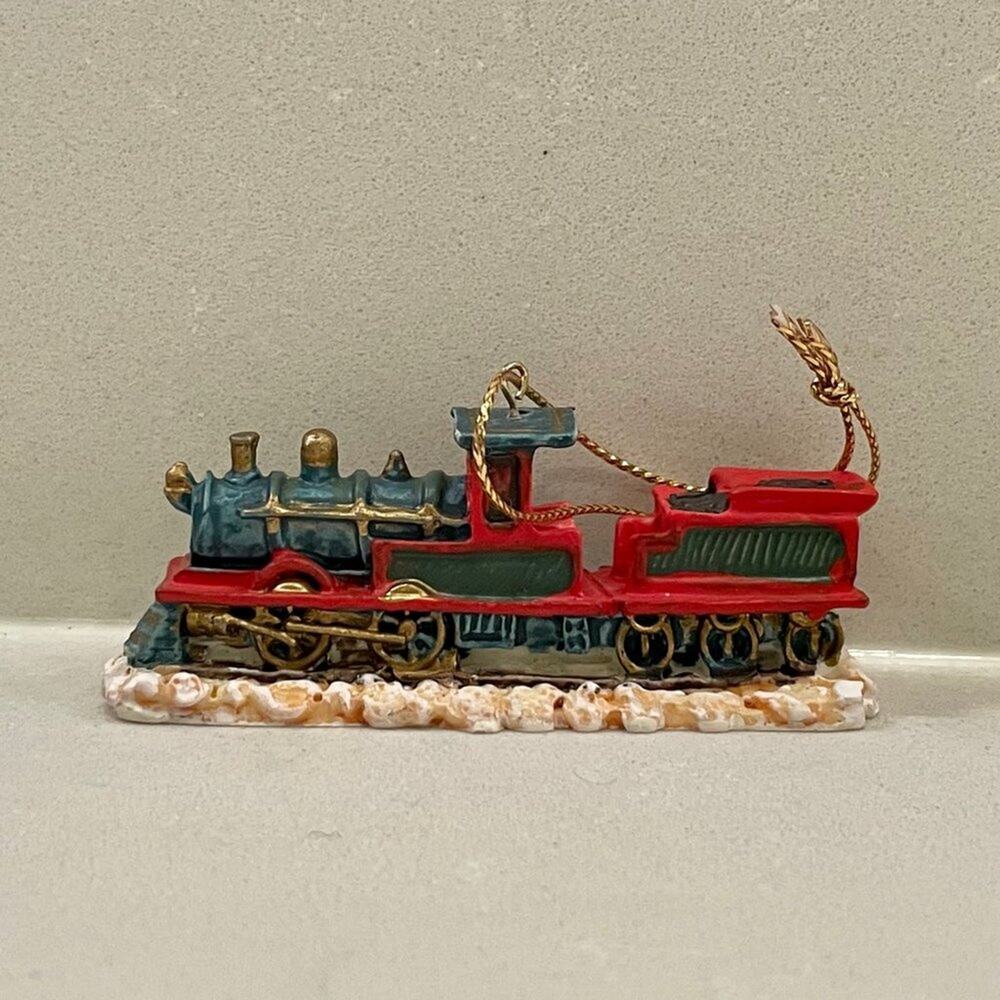 Vintage Christmas Ornament Train Engine And Sled Sleigh Car Gold Red 3” Ornament
